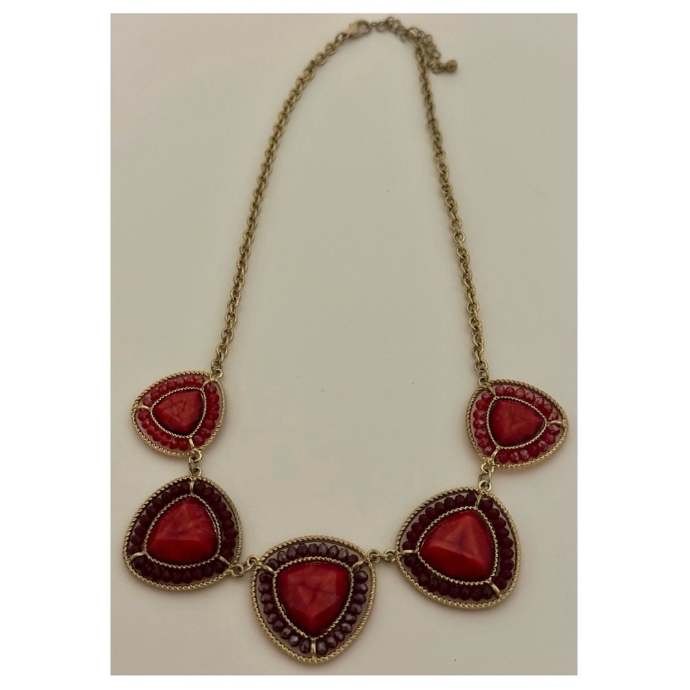 Vintage Style Gold Tone Red Rhinestone Pendant Necklace Art Deco Statement